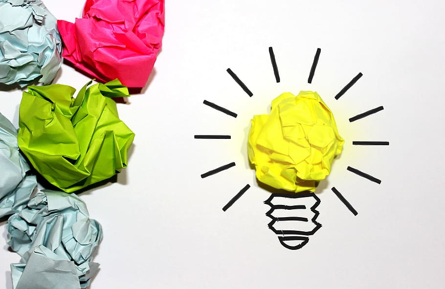crumpled, paper balls, -, idea concept, achievement, aspiration, ball, brainstorming, bright, bulb