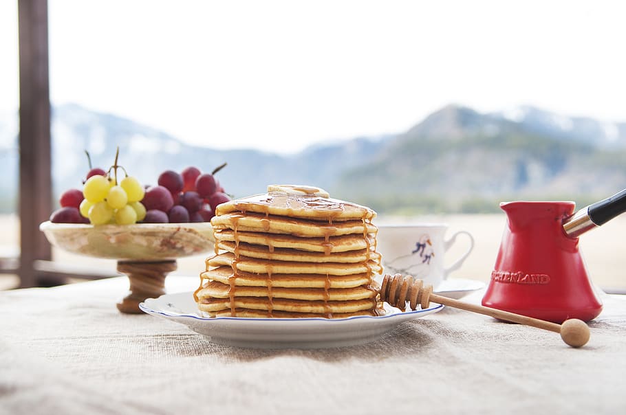 pancake, hash browns, mountains, morning, breakfast, nutrition, appetizing, calories, sweetly, goodies