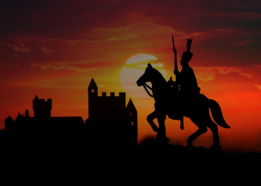 soldado, caballo, castillo, silueta, puesta de sol, cielo, nube, llegada, equitación, figurilla