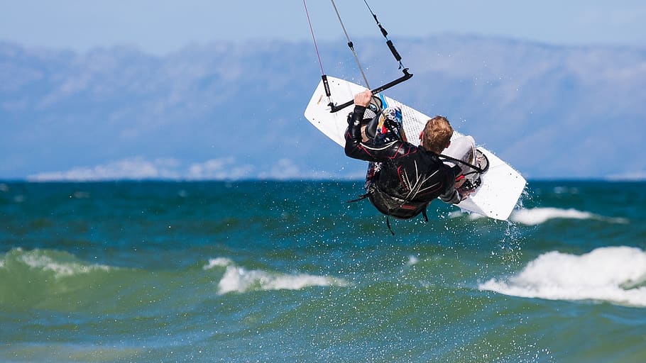 kite boarder wave jumping, kite boarding, kite surfing, kite-surfing, male, action, sport, wave jumping, kite, sky