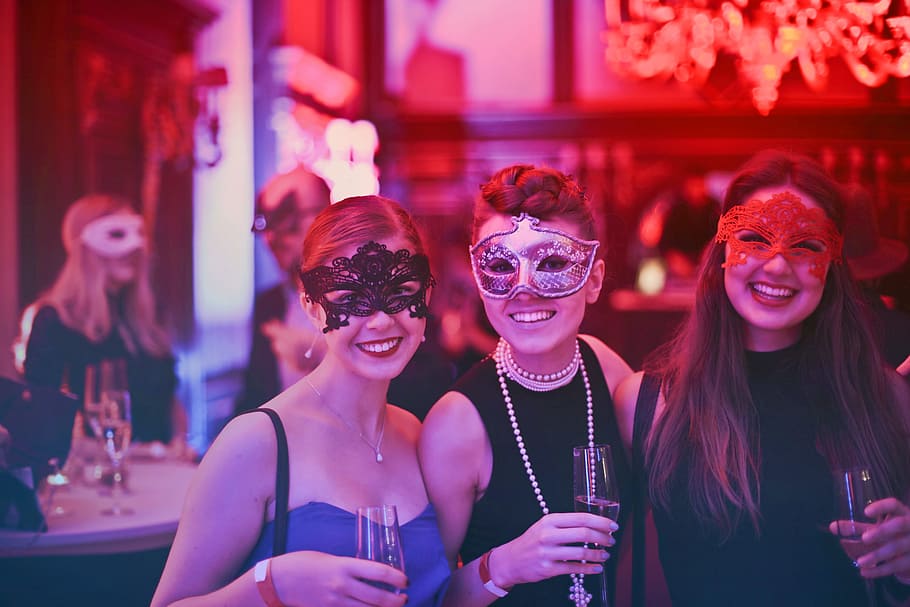 três, mulheres, máscaras, exploração, boate, 25-30 anos, Carnaval, Celebração, Traje, Decoração