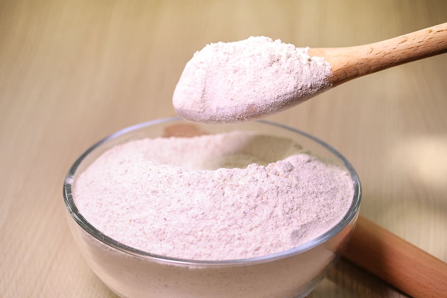 food, flour, bowl, gourmet, cooking, food and drink, indoors, wood - material, close-up, pink color