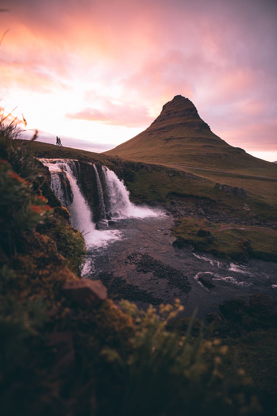 cascata, agua, paisagem, natureza, céu, rio, montanha, nascer do sol, Islândia, arrebol da luz