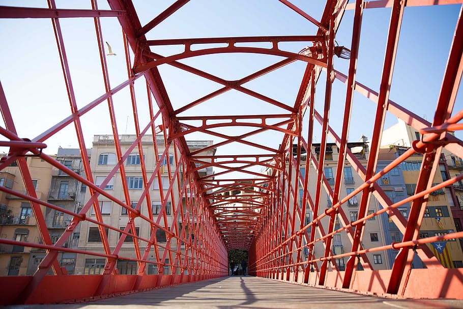 rojo, diseño enjaulado, para caminar, puente, edificio de apartamentos, fondo, arquitectura, bar, construcción, pasarela