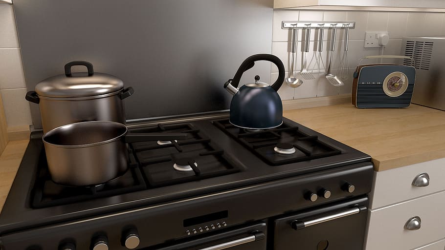 3d, render, stovetop items, countertop., 3-d, Kitchen, Stove, cook, cooktop, food