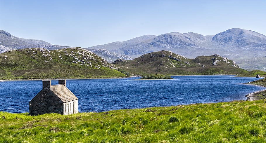 hole stack, hut, lake, landscape, sky, blue, mood, rest, scotland, mountains