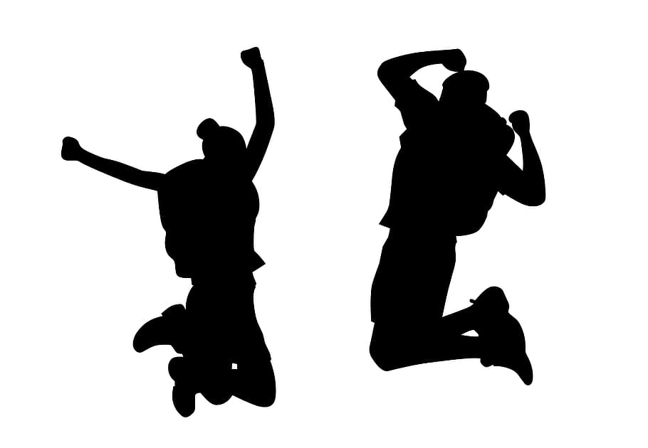 black, silhouette, white, background, happy, people, jumping, joy., happiness, dom