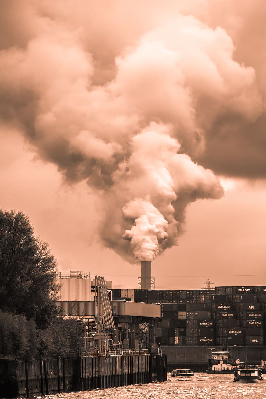 cerobong asap, industri, polusi, pabrik industri, perlindungan lingkungan, lingkungan, pabrik, uap, gas buang, asap
