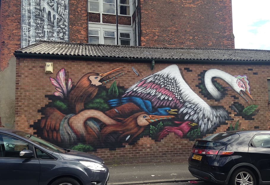 mural, two, birds, attacking, another, bird, brick wall, new, cross, manchester.