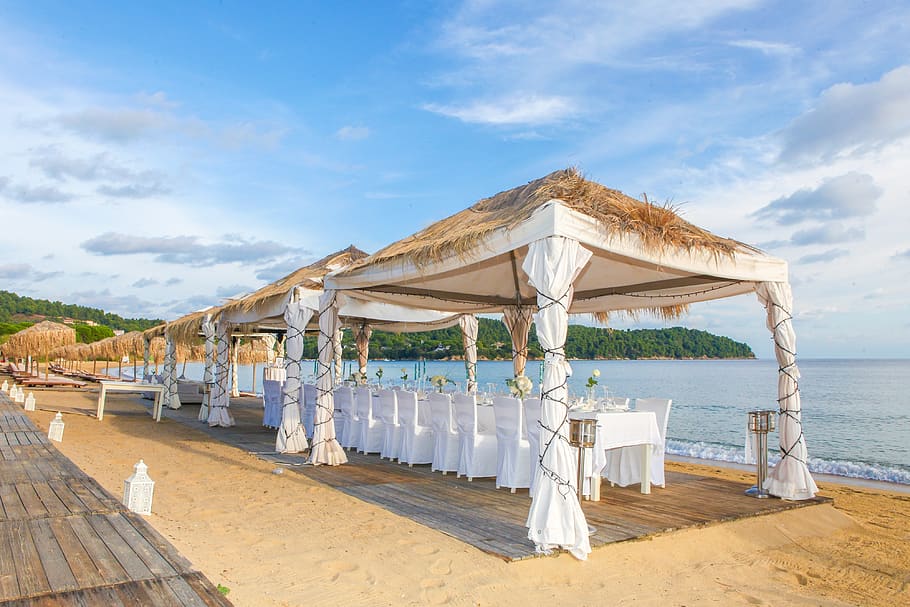 wedding, marriage, tables, chairs, gazebo, beach, sunshine, sand, ocean, sea