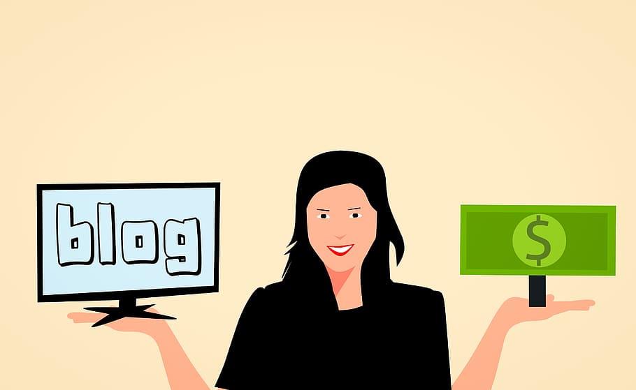 illustration, woman, holding, screen, blog, money, earned, blogging., ecommerce, seo