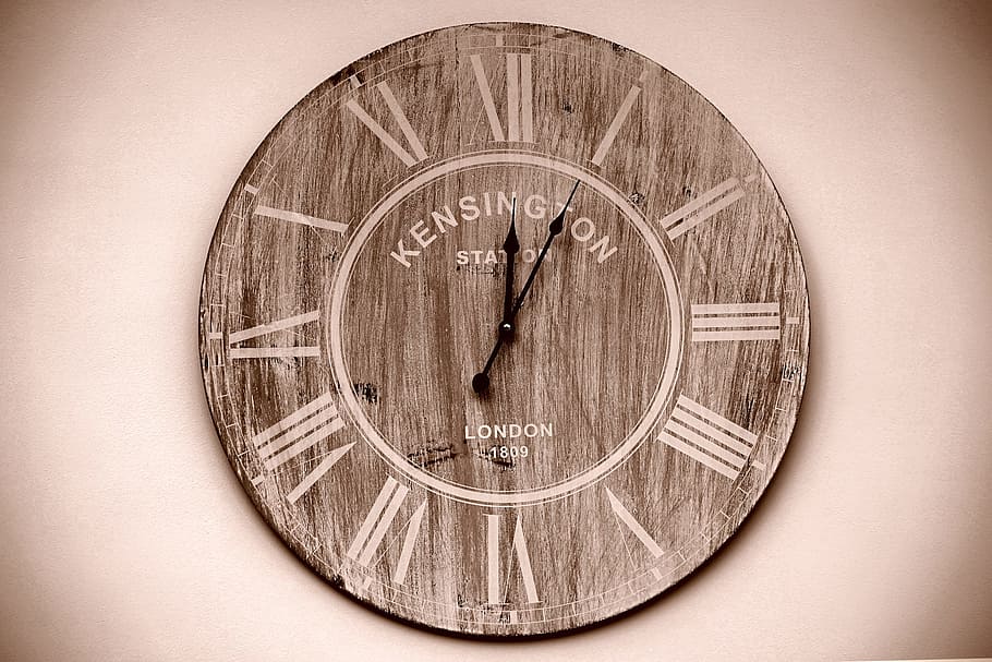 wood, clock, time, kensington, station, brown, wall, circle, geometric shape, shape