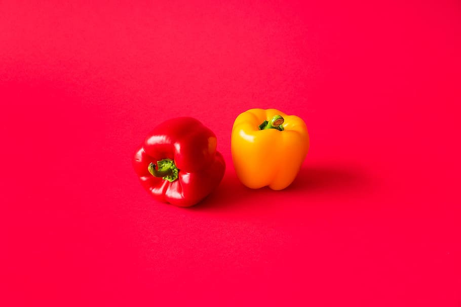 red, yellow, paprika peppers, flat, background, still, life, farmers, food, foodie