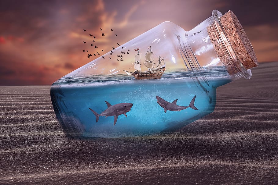 manipulation, bottle, shark, dessert, landscape, underwater, ship, sky, birds, water