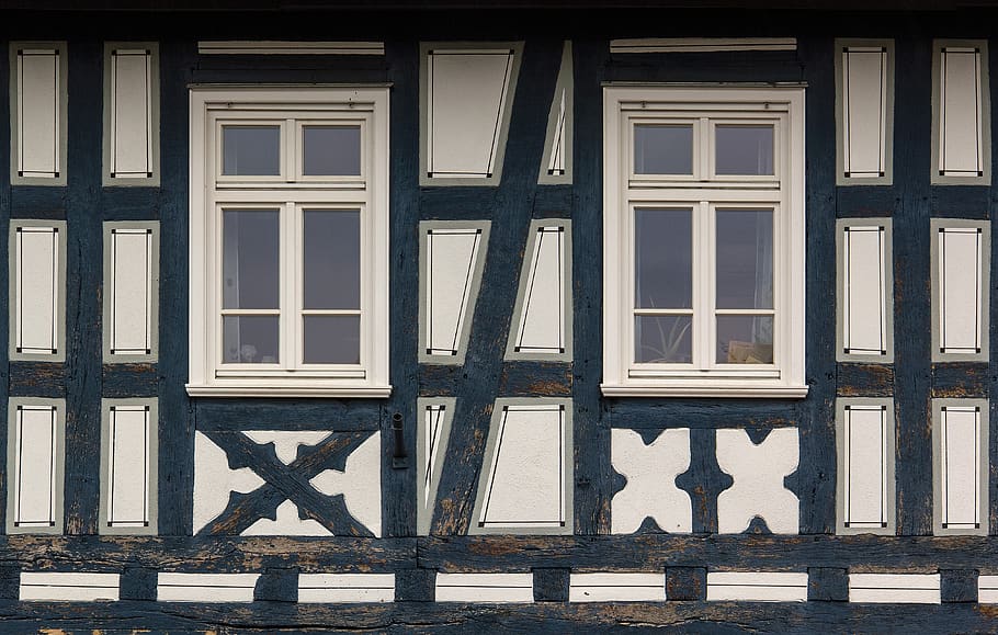 timbered house, windows, germany, building, architecture, truss, house, window, wood, building exterior