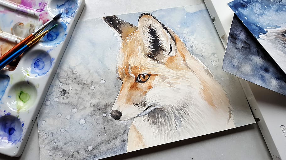 animal, fox, nature, painting, art, colors, a variety of, brushes, watercolor, vodový