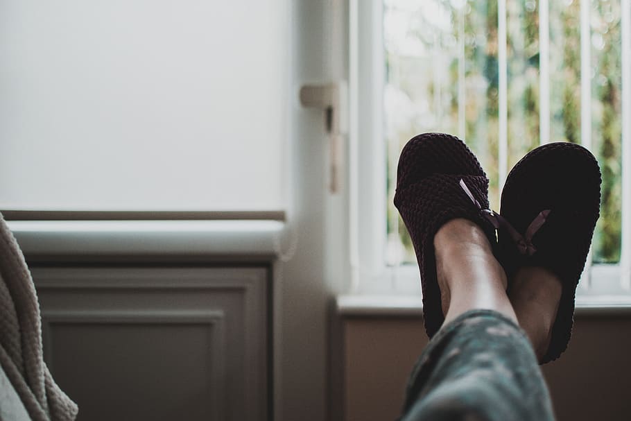 woman, wearing, slippers, relax, chilled, house, home, female, feet, shoes