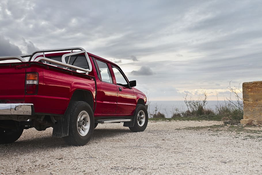 red, pick-up, truck, parked, sea, overcast weather, 4x4, adventure, engine, machine