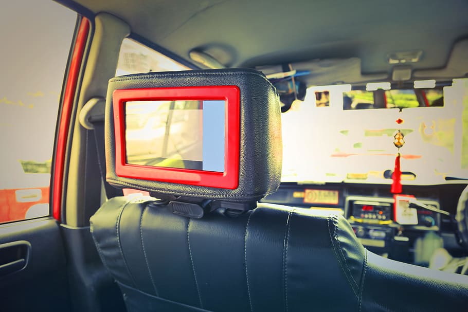 led, screen car headrest, monitor, red, frame, back, seat passengers, black, decoration, equipment
