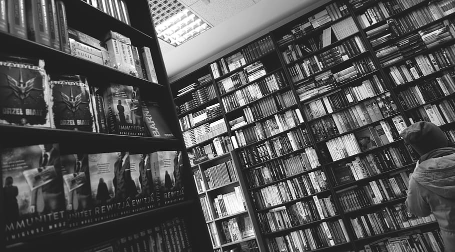 library, books, shelves, racks, black and white, study, knowledge, research, school, literature