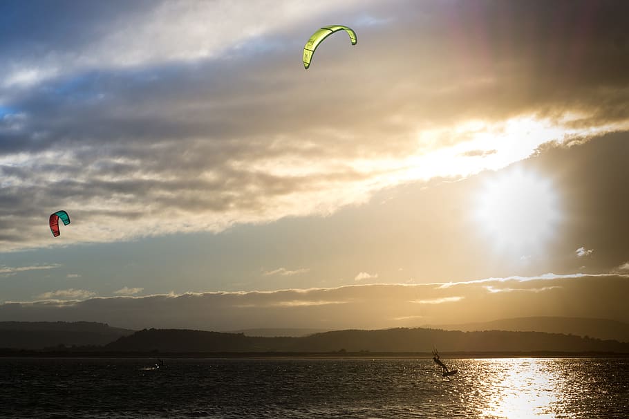 kite boarding, kite surfing, lake, water, sunset, sky, clouds, sports, adventure, extreme sports