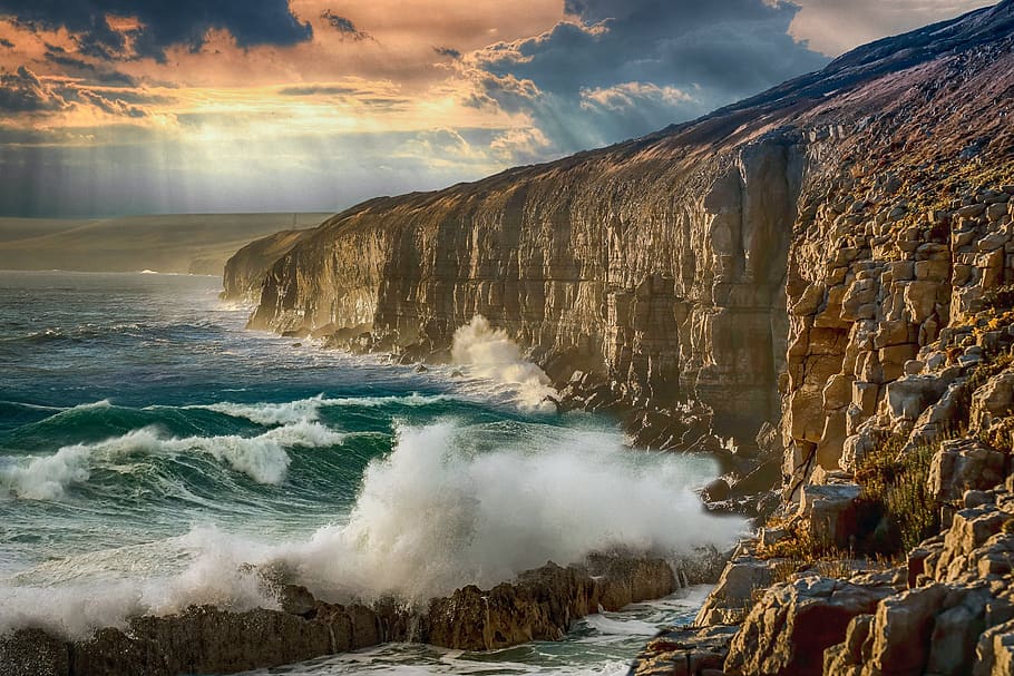 landscape, cliff, sea, waves, sky, rocks, clouds, 4k wallpaper, water, beauty in nature
