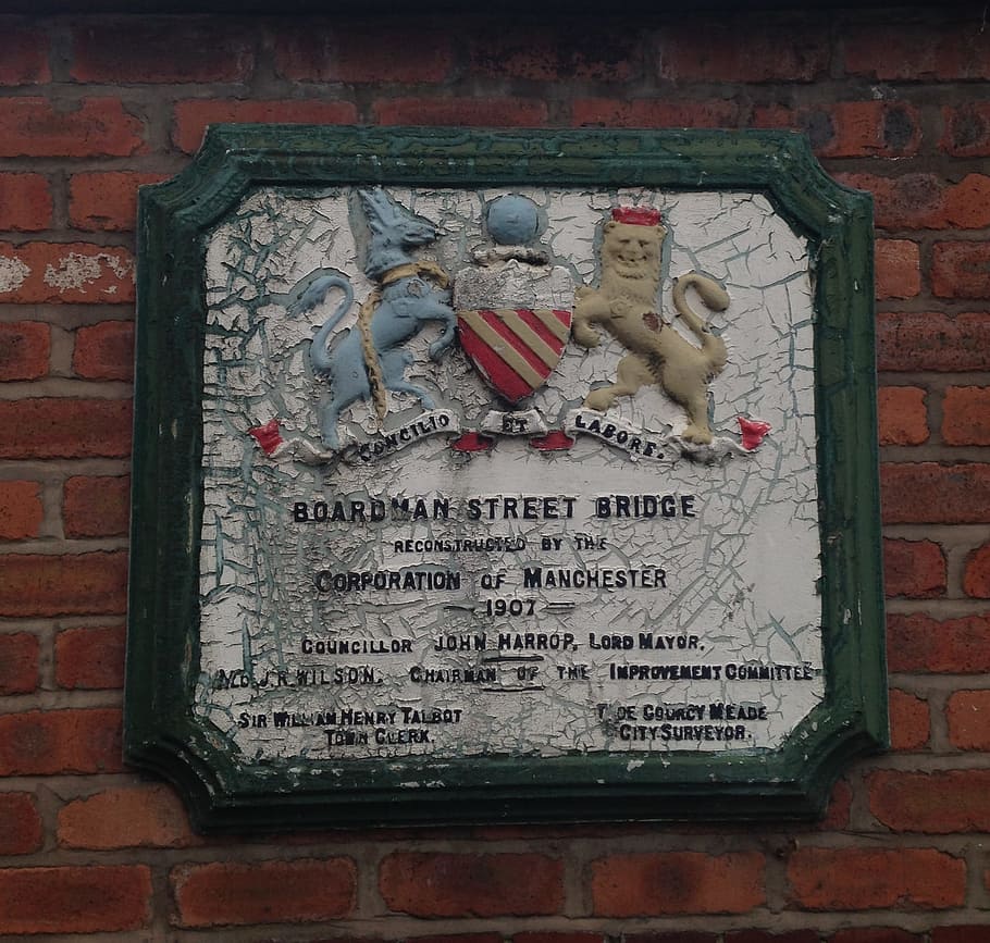 placa, comemorando, reconstrução, boardman street bridge, 1907., arquitetura, manchester, ponte, texto, comunicação