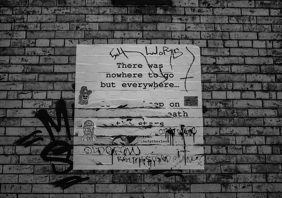 poster, bricks, wall, Brooklyn, New York, city, black and white, text, brick wall, brick