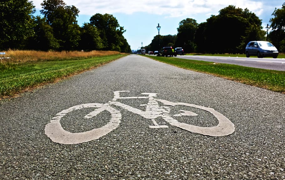 sepeda, jalur, trotoar, jalan, mobil, sinar matahari, musim panas, transportasi, tanda, komunikasi