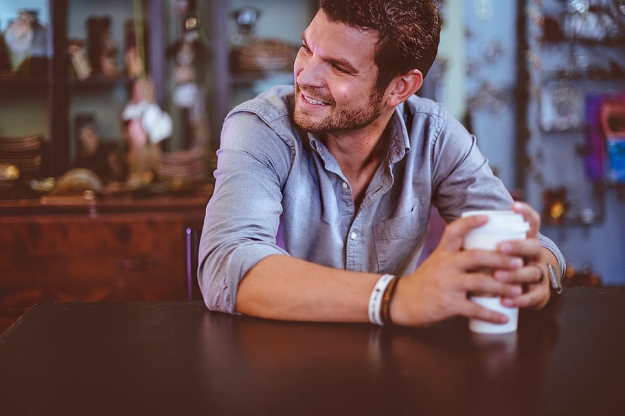people, man, coffee, cup, sitting, smile, happy, coffeeshop, men, one person