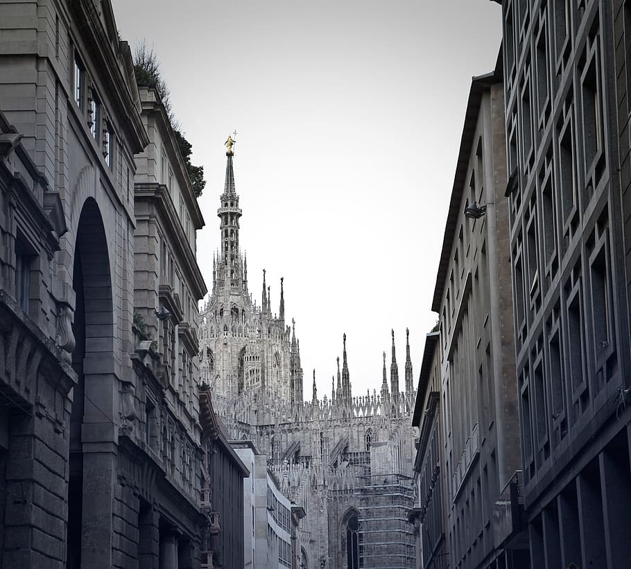 view, buidings, gothic, architectural, church, sky, alley, milan, italy, alleyway