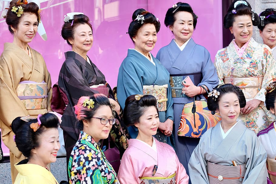 mujeres, japón, kimono, retrato, pecadores, asiático, cultura, grupo de personas, sonrientes, hombres