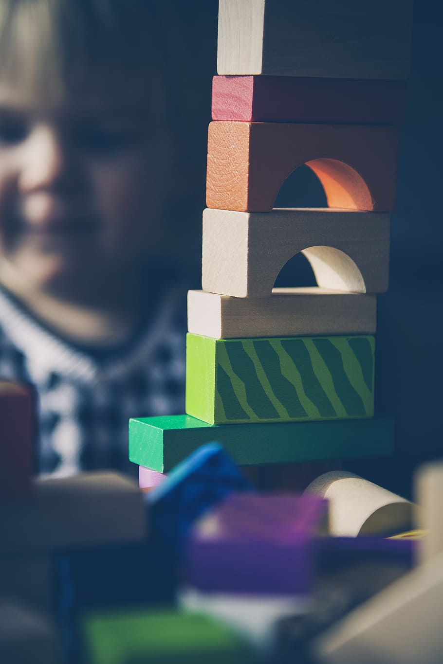 kid, child, girl, baby, blur, playing, toy, multi colored, selective focus, toy block