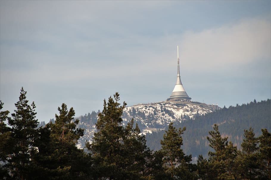ještěd, transmitter, mountain, hotel, liberec, tv, building, antenna, winter, ski areal