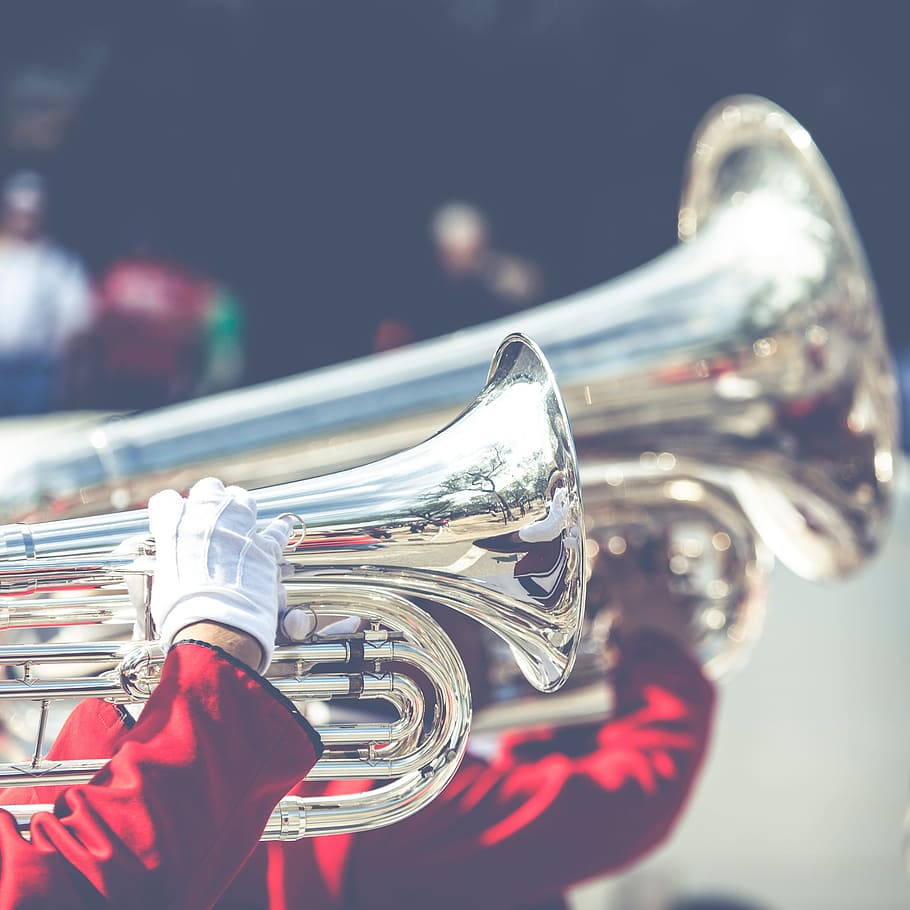 música, banda, desfile, trompete, luvas, pessoas, homem, celebração, vermelho, uniforme