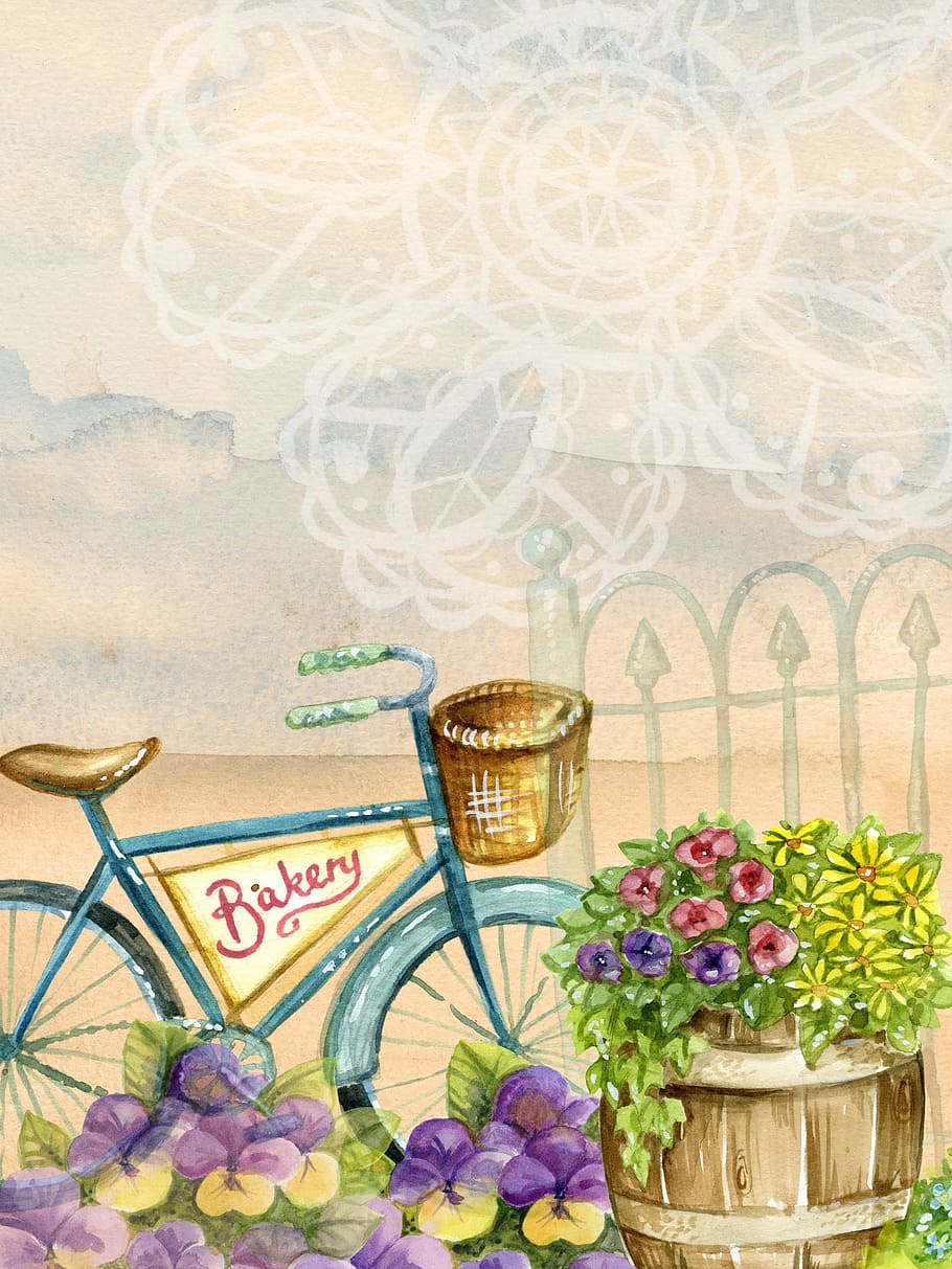 tienda, flor, jardín, bicicleta, pintura, arte, boceto, planta floreciendo, planta, frescura