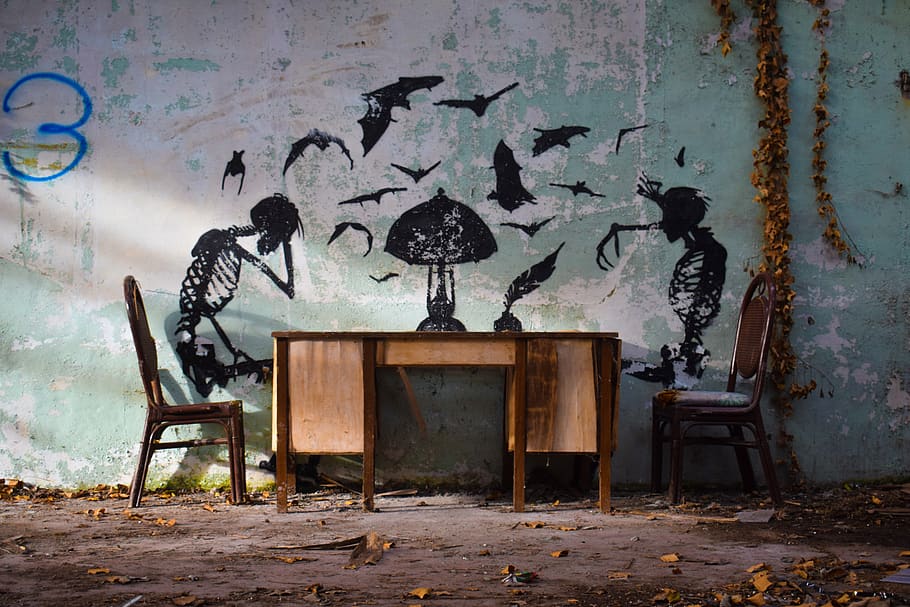 skeleton, graffiti, urbex, leave, vintage, room, art and craft, damaged, wall - building feature, abandoned