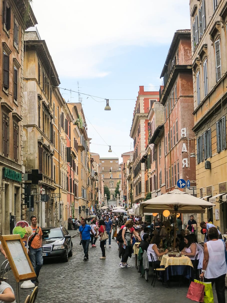 Rome, Italy, city, streets, cobblestone, people, pedestrians, restaurants, eating, buildings
