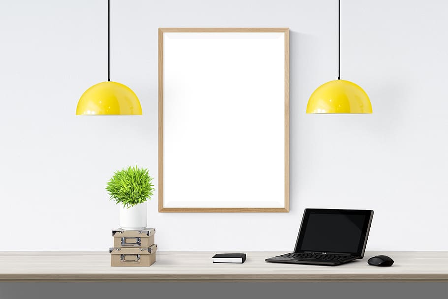 poster, frame, lamp, laptop, box, book, computer, technology, indoors, table