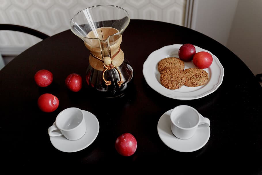 sarapan, disajikan, kopi, interior, modern, meja, kontemporer, buah-buahan, pagi, cangkir