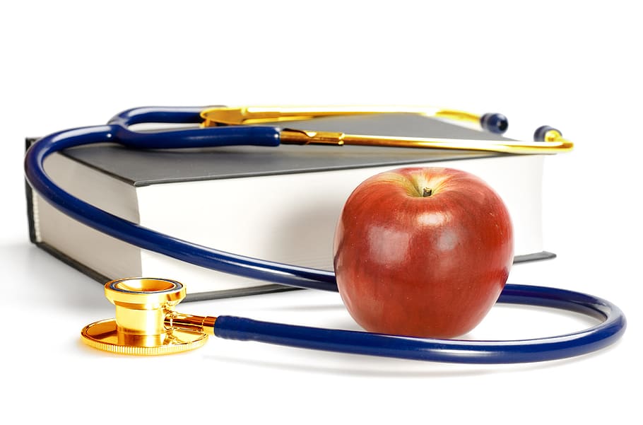 stethoscope, advice, apple, background, binder, book, cardiologist, care, clipboard, concepts