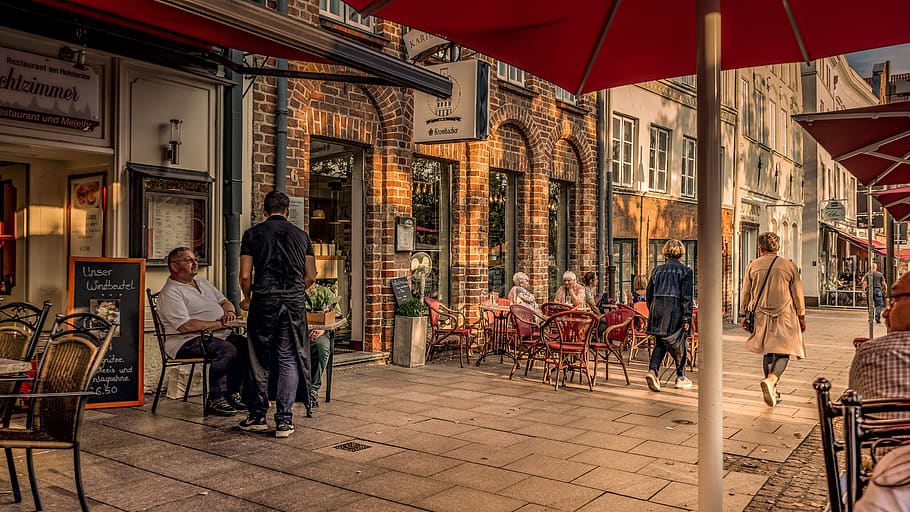 café, restaurante, estrada, centro histórico, arquitetura, remendo, fachada, velho, calçada, humano