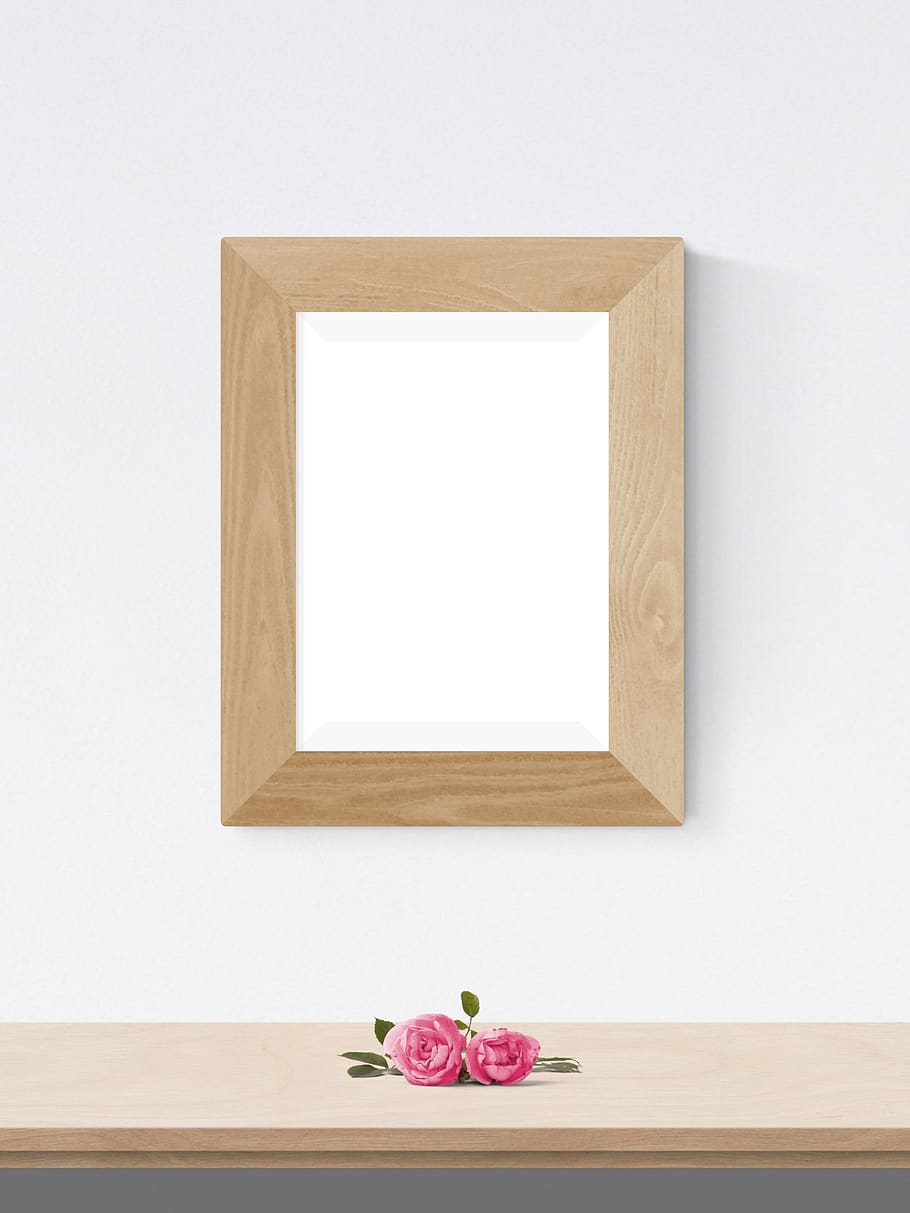 poster, frame, wall, desk, flower, flowering plant, wood - material, indoors, plant, copy space