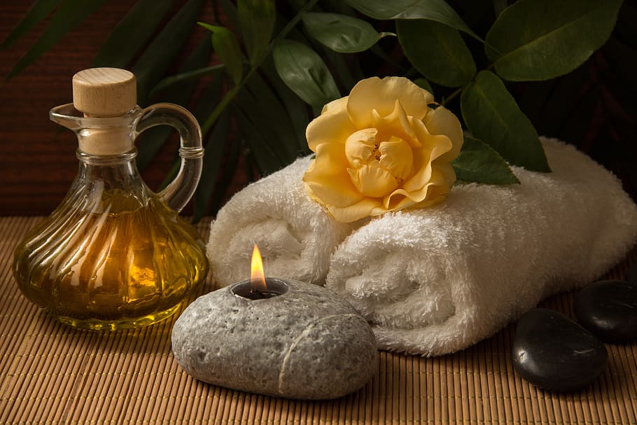 wellness, carafe, towels, white, rolled, candle, light, stones, black, rose