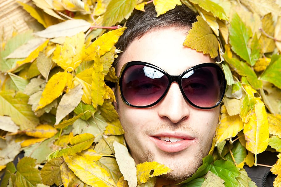 con2011, leaves, autumn, smile, glasses, portrait, sunglasses, fashion, plant part, looking at camera