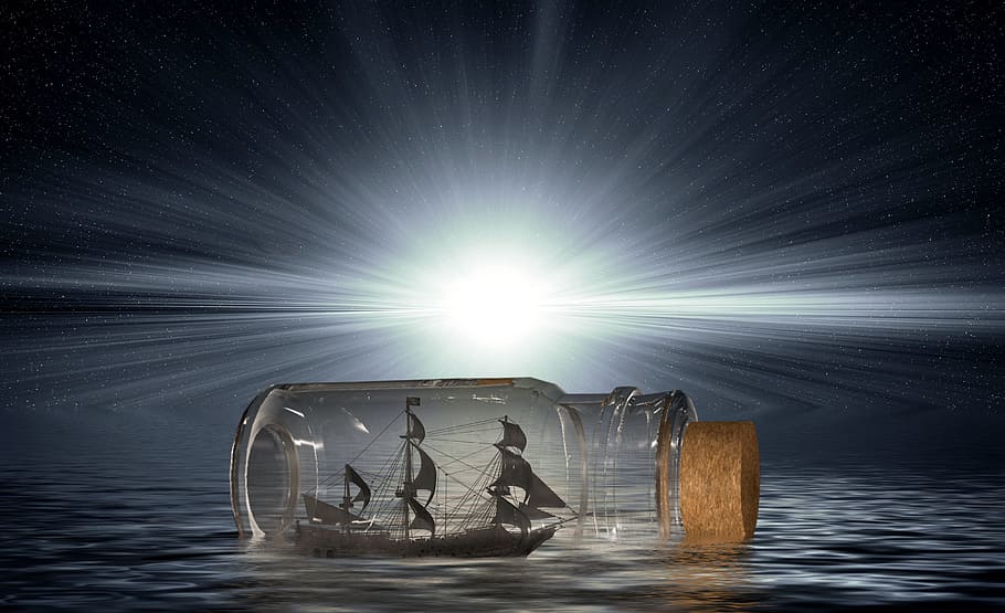boat, bottle, light, water, rendering, backgrounds, night, star, lake, sky