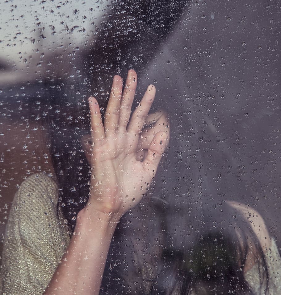 girl, sad, crying, raining, rain drops, window, people, woman, human hand, hand