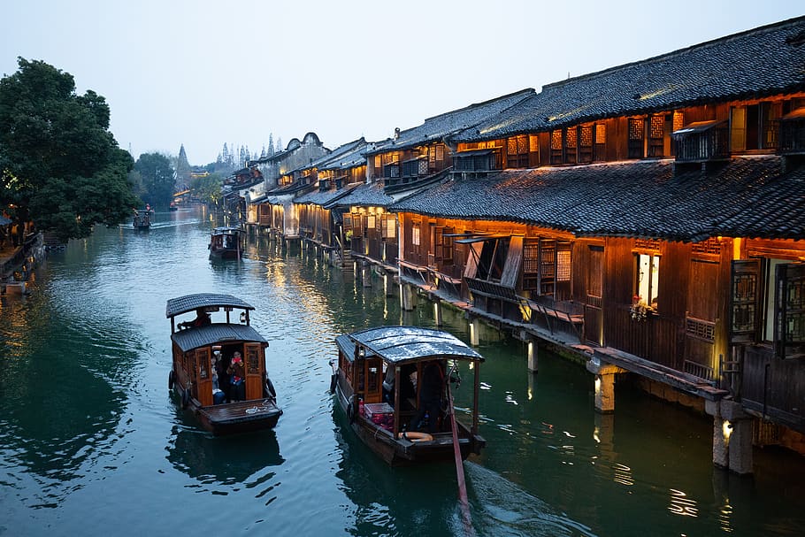 china, wuzhen, winter, ship, night view, water, building exterior, transportation, architecture, nautical vessel