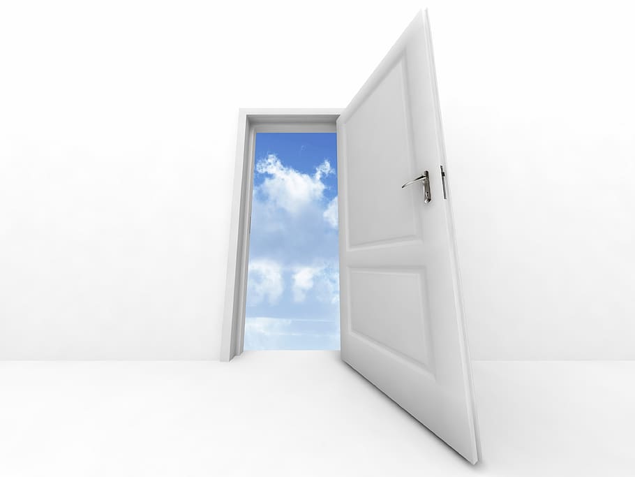 metaphor, door, open, outdoors, sky, clouds, indoors, symbolism, symbol, exit