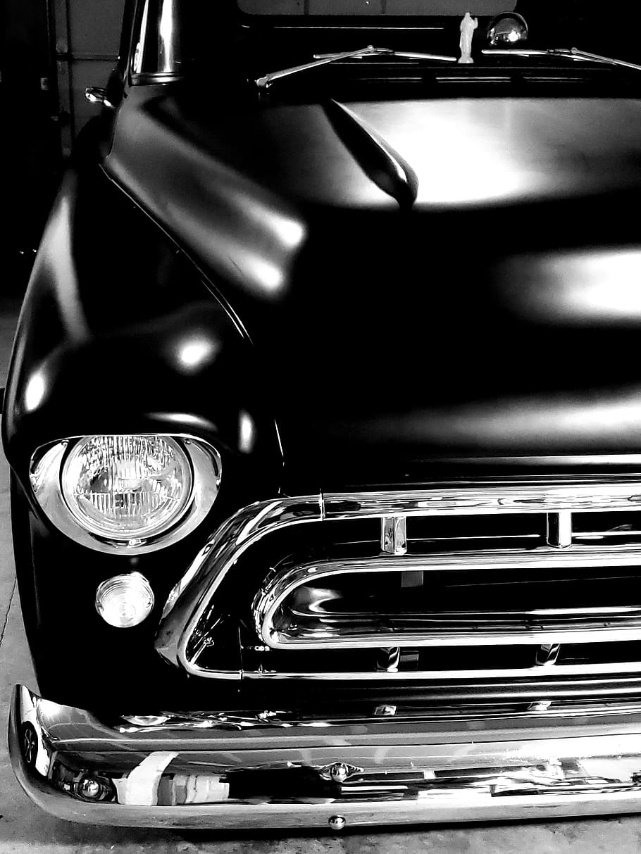 chevy, truck, 1957, black, classic, hot rod, grill, light, lockscreen wallpaper, car